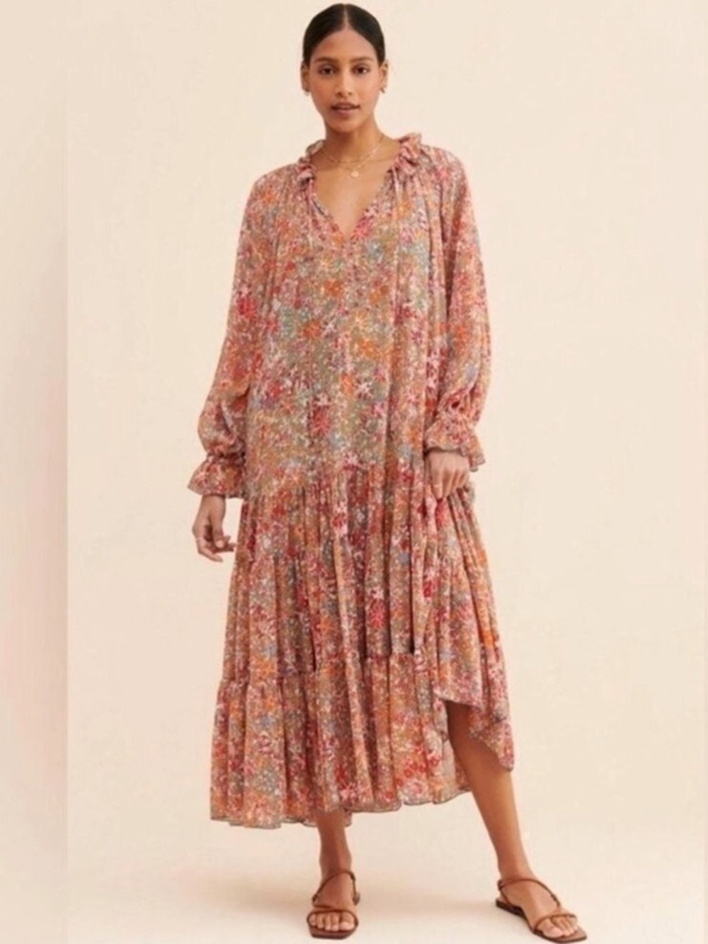 Free People Feeling Groovy Floral Tiered Boho Sheer Long Sleeve  Maxi Dress  XL - Picture 11 of 11